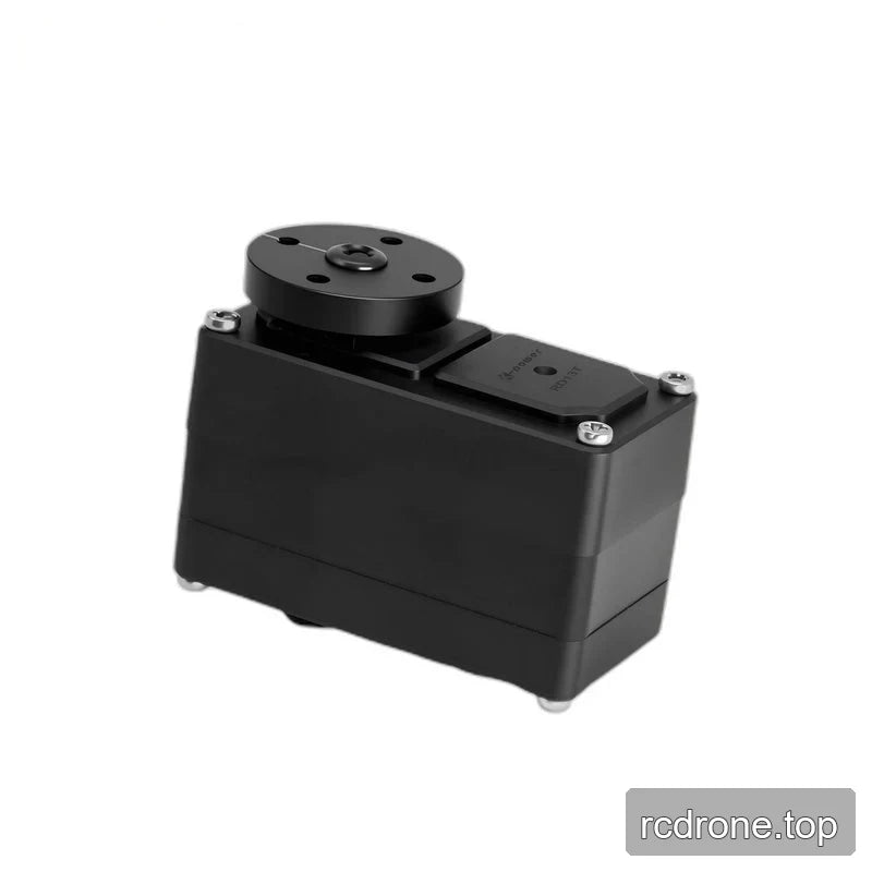Angled horizontal view of the black servo, with the output plate on the left and RD13T cover beside the visible right end.