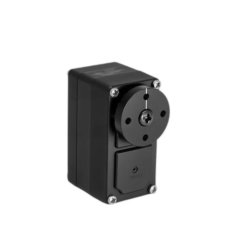 Black RD13T servo viewed upright from the left, showing the circular output plate and silver front screws.