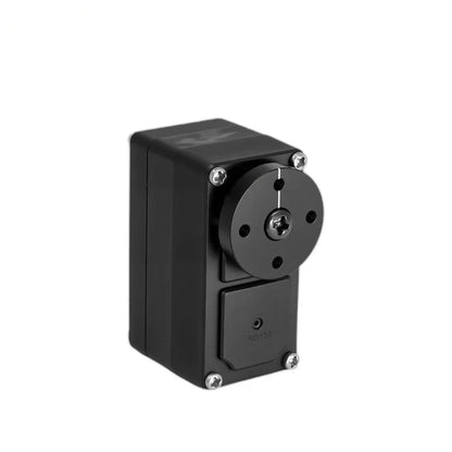 Black RD13T servo viewed upright from the left, showing the circular output plate and silver front screws.