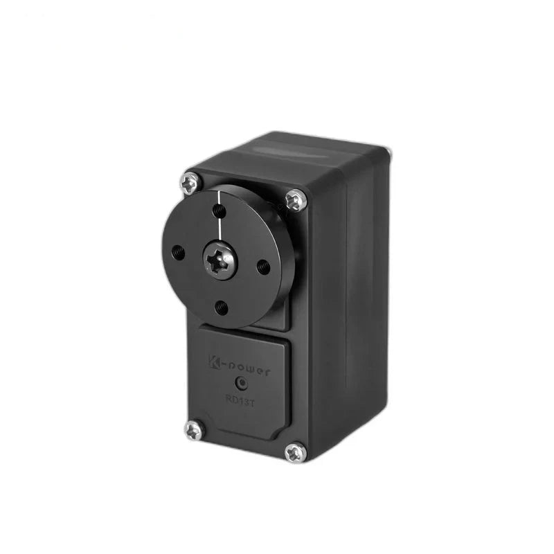 Black servo viewed upright from the right, with a four-hole circular plate and K-power RD13T front cover.