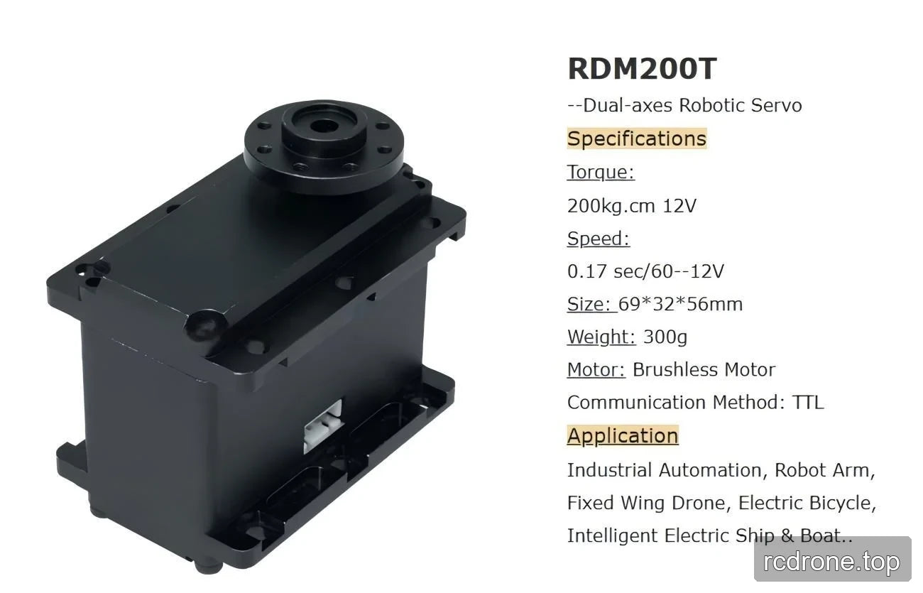 RDM200T dual-axes servo specification panel with 12 V torque and speed values