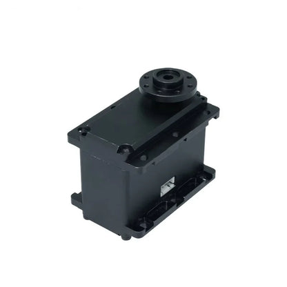 Black servo motor viewed diagonally from above, showing an open circular flange, mounting rails and white connector.