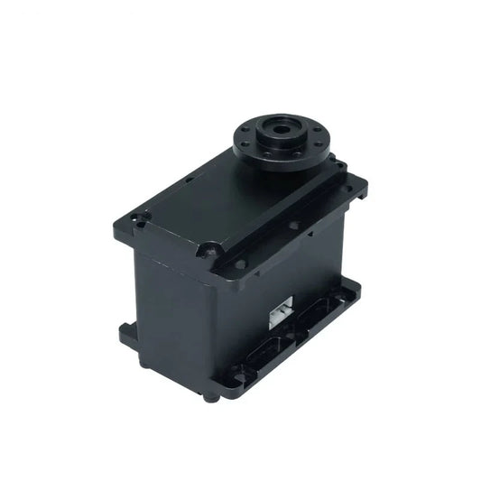 Black servo motor viewed diagonally from above, showing an open circular flange, mounting rails and white connector.