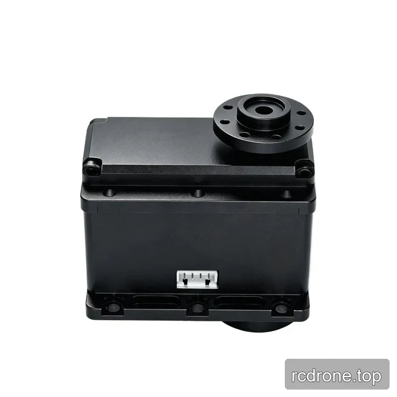 Black servo viewed slightly from above, with an open flange at upper right, a centered white connector and lower mounting holes.