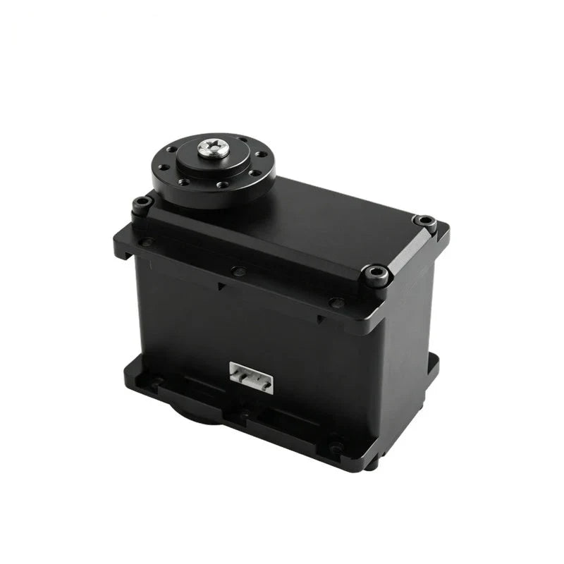 Black servo motor with a silver center screw in its circular flange, white side connector and corner mounting holes.