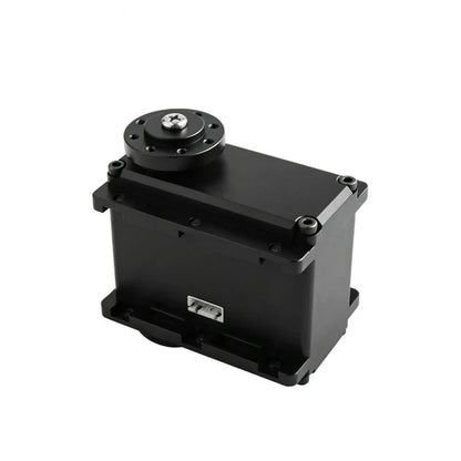 Black servo motor with a silver center screw in its circular flange, white side connector and corner mounting holes.