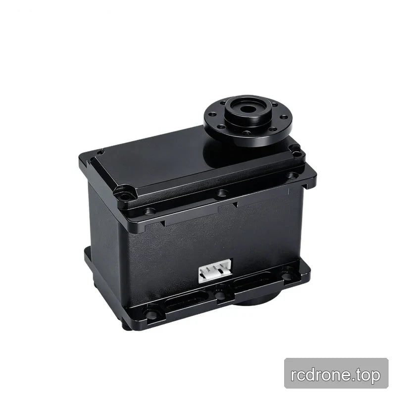 Three-quarter view of the black servo showing its left end, white side connector, circular top flange and lower mounting rail.