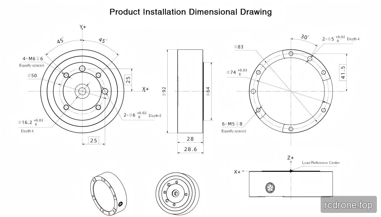 Sensor installation drawing with front, rear and side views, mounting patterns and load reference axes