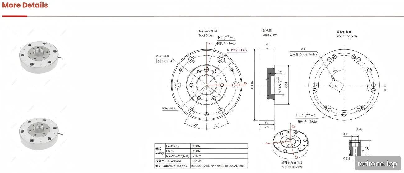 Circular sensor engineering drawing with mounting, section and coordinate views