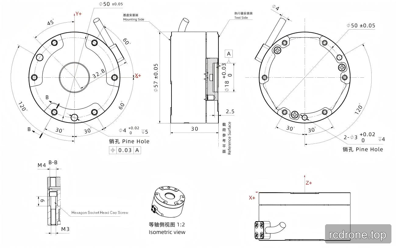 Sensor mechanical drawing with mounting-side and tool-side views, locating holes and axis directions