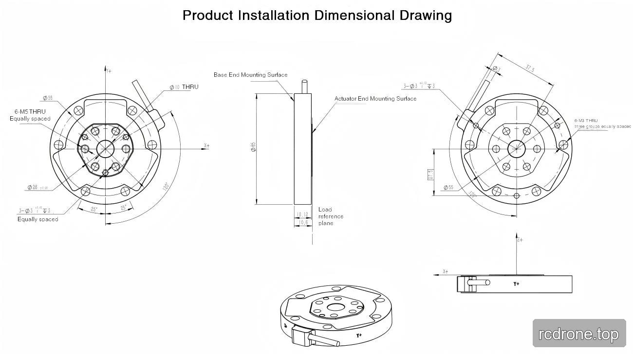 Unlabeled circular sensor installation drawing with mounting patterns, side views and reference axes
