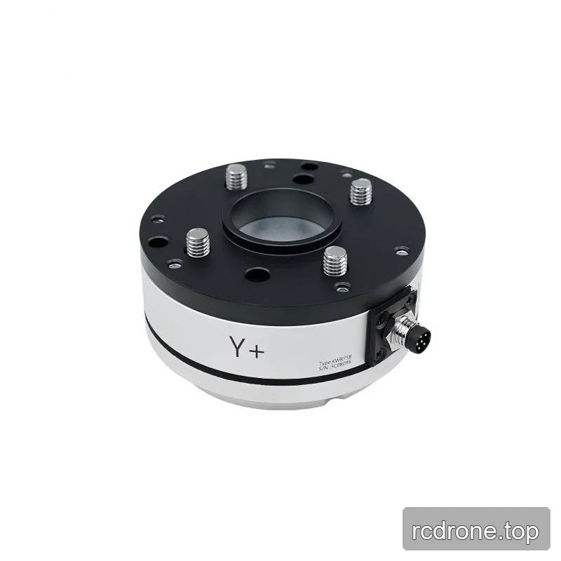 Angled underside of the sensor showing a black mounting plate, four threaded studs, central opening and side connector.