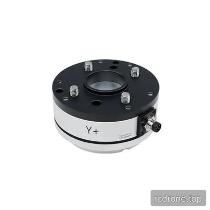 Angled underside of the sensor showing a black mounting plate, four threaded studs, central opening and side connector.