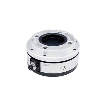 Angled top view of the sensor showing a recessed black center, silver mounting face and lower-left connector.