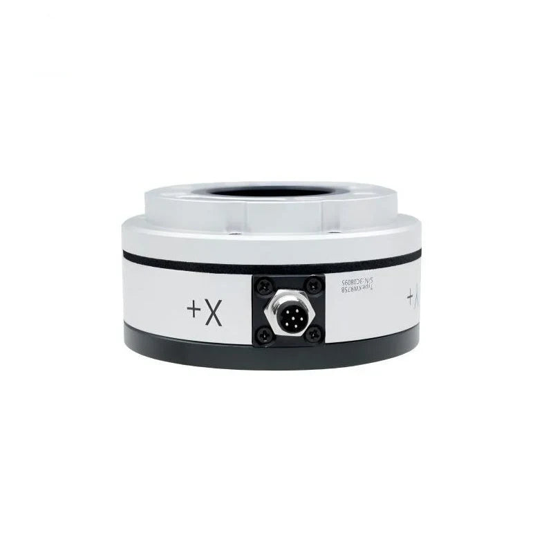 Silver Kunwei sensor with front-facing circular connector, X+ marking, black base and raised central rim.