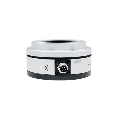 Silver Kunwei sensor with front-facing circular connector, X+ marking, black base and raised central rim.