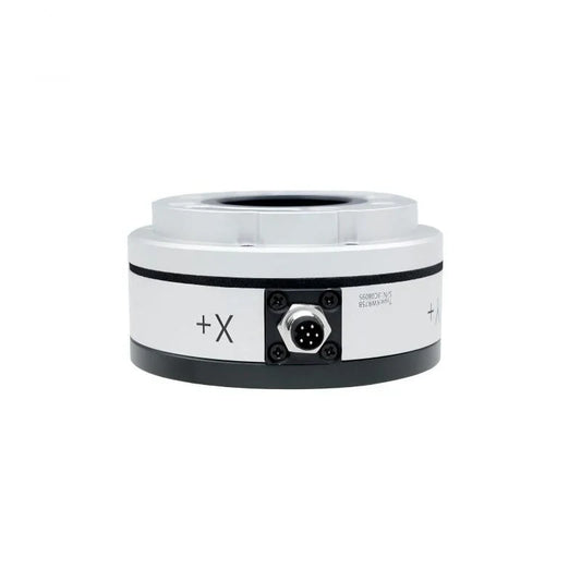 Silver Kunwei sensor with front-facing circular connector, X+ marking, black base and raised central rim.