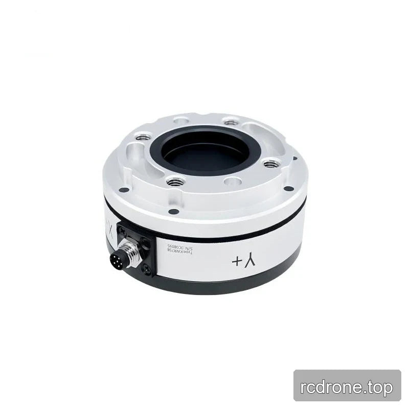 Silver sensor in a repeated angled view, with Y+ side marking, left connector and mounting holes around a recessed center.