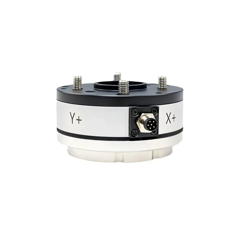 Circular sensor with threaded studs on the black upper plate and a front connector between Y+ and X+ axis markings.