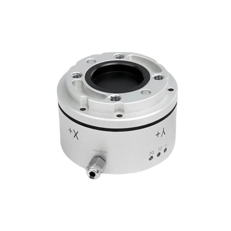 Silver Kunwei sensor in an elevated angled view, showing top mounting holes, a black center recess, and side cable fitting.