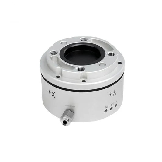 Silver Kunwei sensor in an elevated angled view, showing top mounting holes, a black center recess, and side cable fitting.