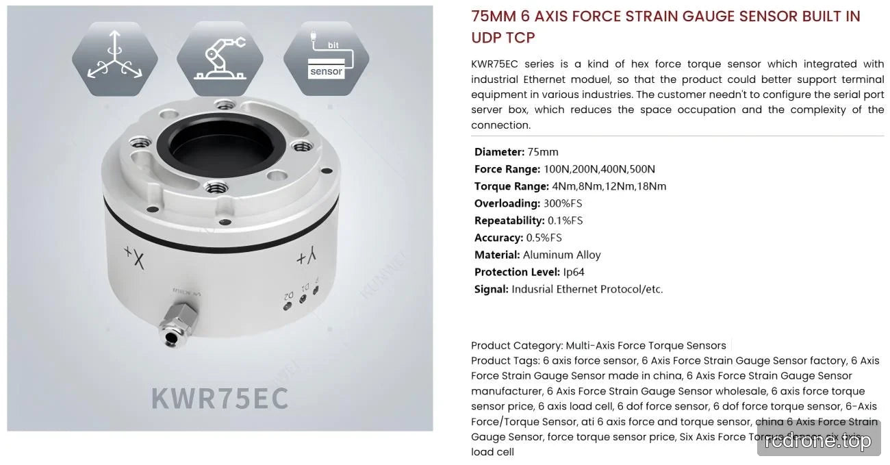 KWR75EC cylindrical force-torque sensor with Ethernet and performance specifications