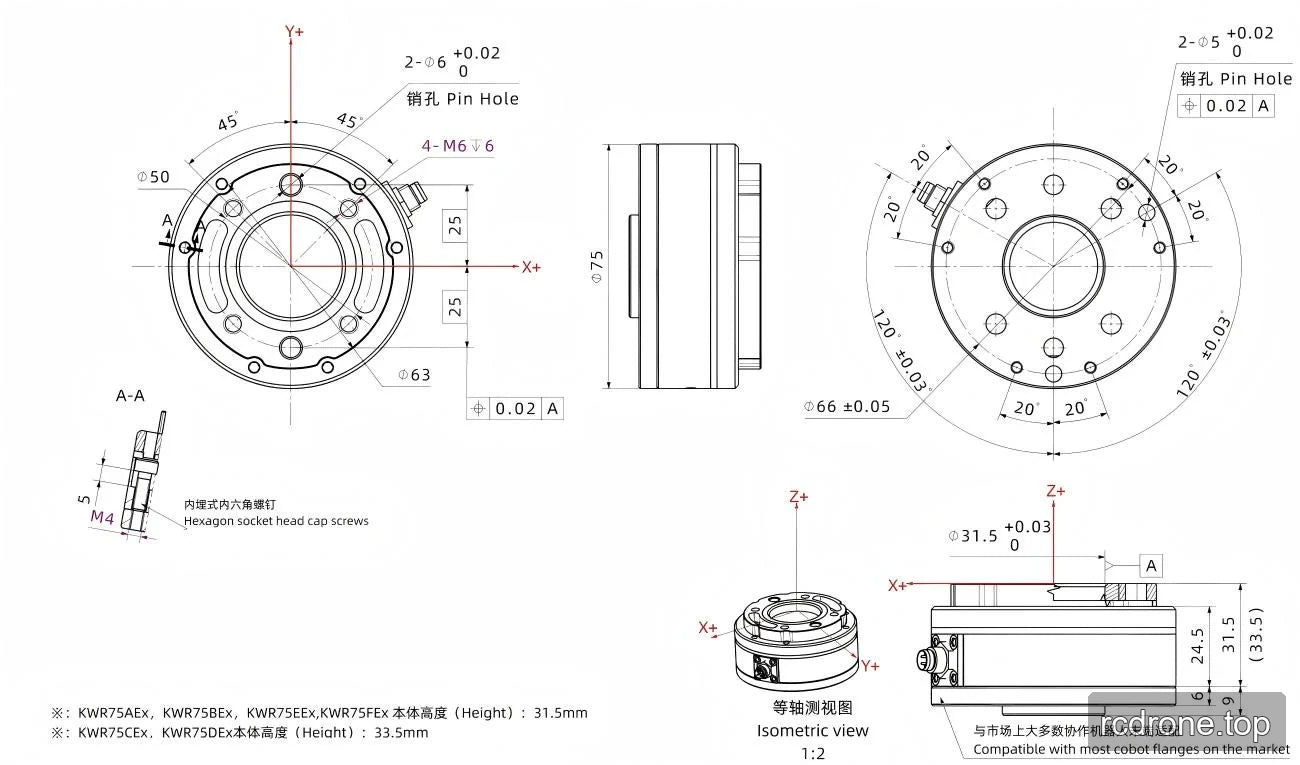 KWR75Ex mechanical drawing with mounting patterns, tolerances and version-specific heights
