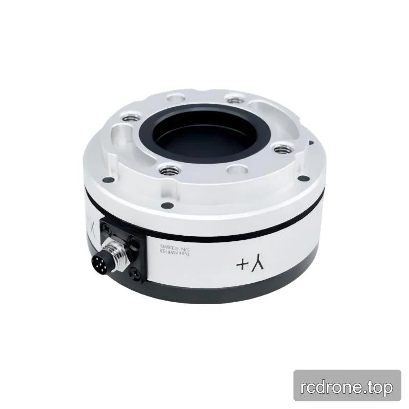 Angled silver sensor with a left-side connector, inverted Y+ marking, black base, and threaded upper mounting holes.