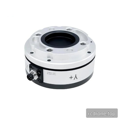 Angled silver sensor with a left-side connector, inverted Y+ marking, black base, and threaded upper mounting holes.