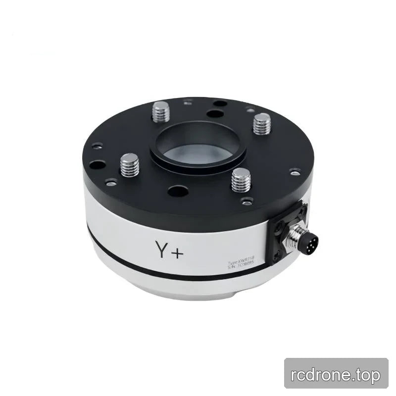 Angled underside of the sensor showing four threaded studs, a central opening, Y+ marking, and side connector.