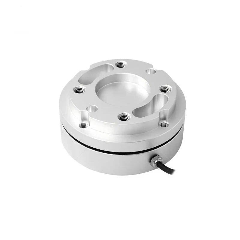Silver Kunwei sensor viewed from above at an angle, showing recessed center, threaded holes, curved cutouts, and short side cable.
