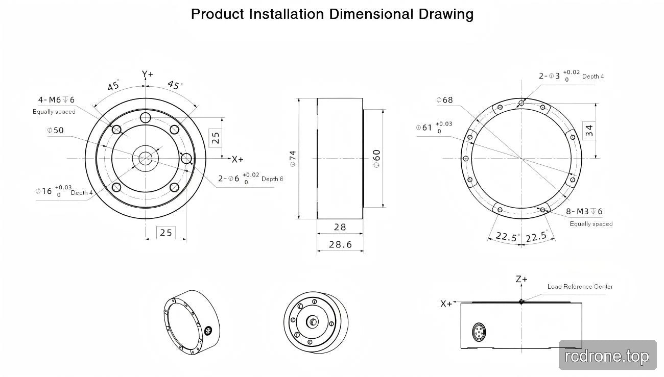 Sensor installation drawing with front, rear and side views, mounting patterns and reference axes