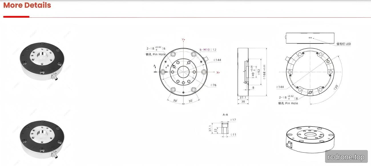 Circular sensor mechanical reference drawing with mounting holes and sectional views