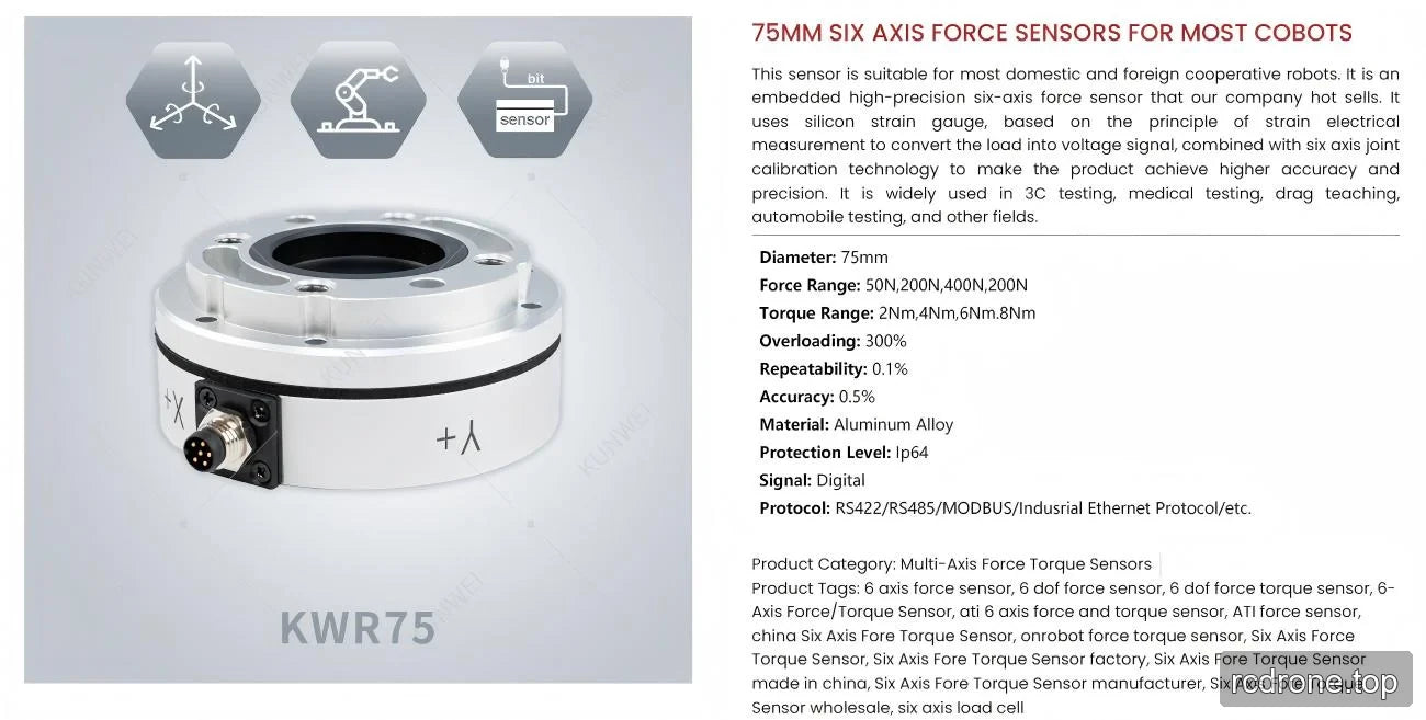 KWR75 annular force/torque sensor with side connector and general specification panel