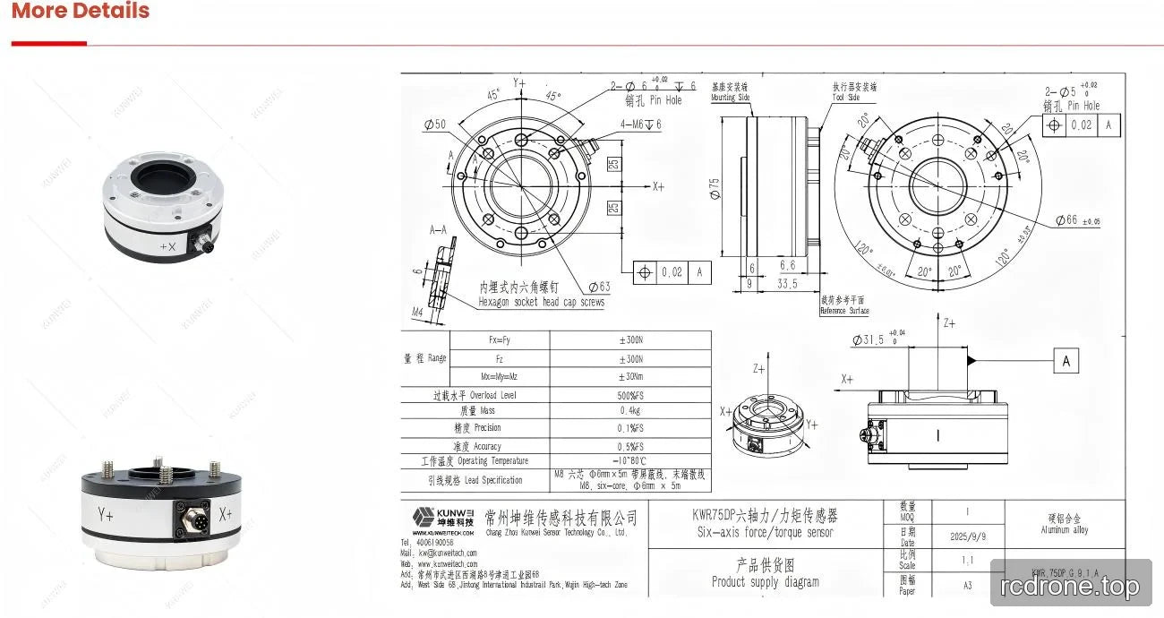 KWR75DP engineering drawing with mounting patterns, tool-side geometry and dimensional tolerances
