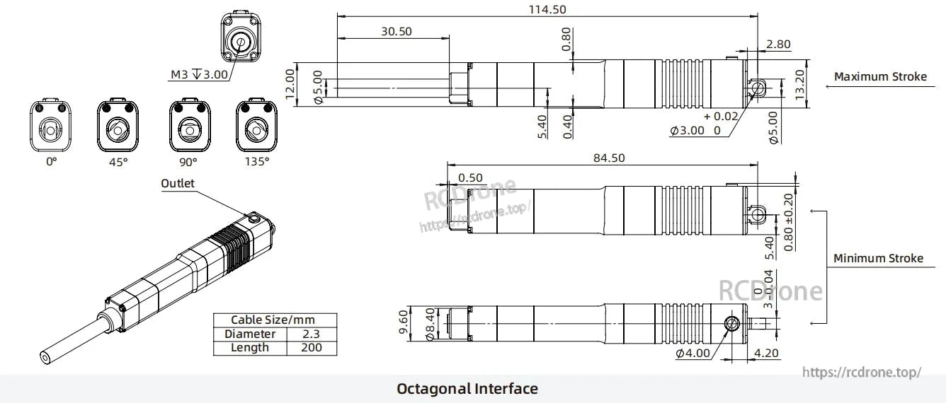 LA30 micro servo actuator features an octagonal interface, 2.3mm cable, 200mm length, stroke range 84.50–114.50mm, M3 thread, and angled outlets.