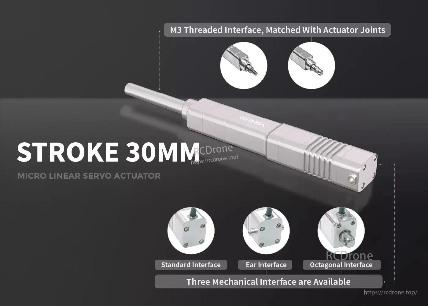 LA30 Micro Servo Actuator, A 30mm stroke micro linear servo actuator with M3 threaded interface and three mechanical options.