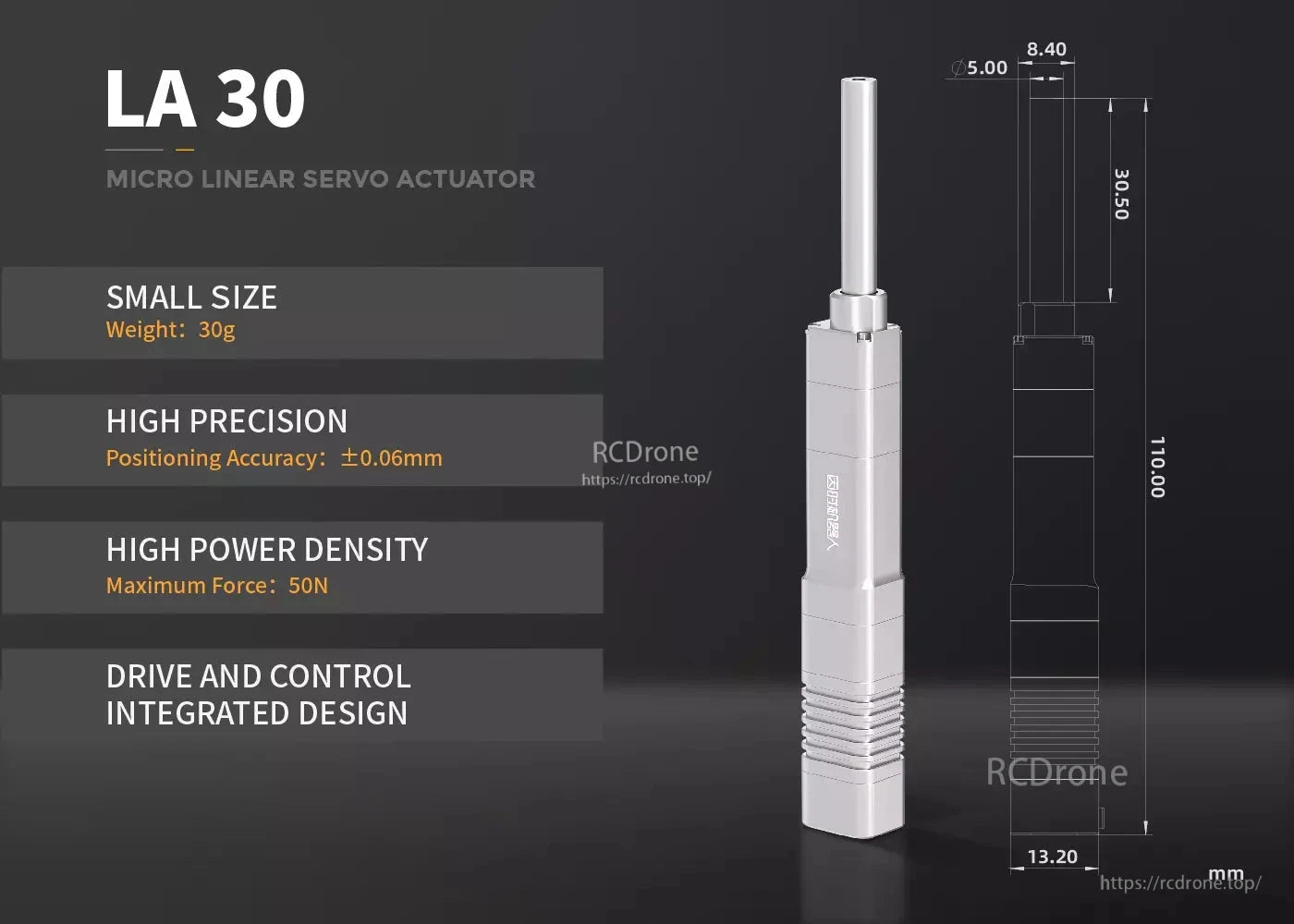 LA30 Micro Servo Actuator, The LA30 Micro Linear Servo Actuator is compact (30g), precise (±0.06mm), powerful (50N), and features integrated drive and control in a 110x13.2mm design.