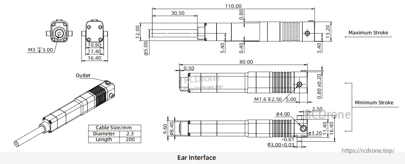 LA30 Micro Servo Actuator, Micro Servo Actuator LA30 features 2.3mm cable (200mm), M3/M1.6 threads, ear interface, and stroke range details.