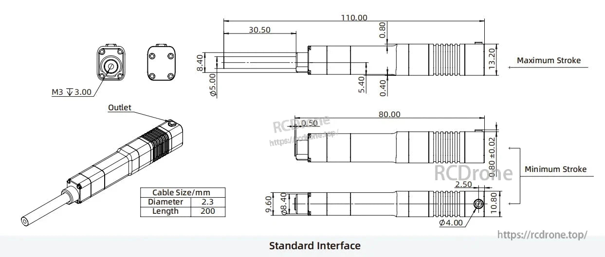 LA30 Micro Servo Actuator, The Micro Servo Actuator LA30 features a 2.3mm cable, 200mm length, standard interface, and includes stroke details.