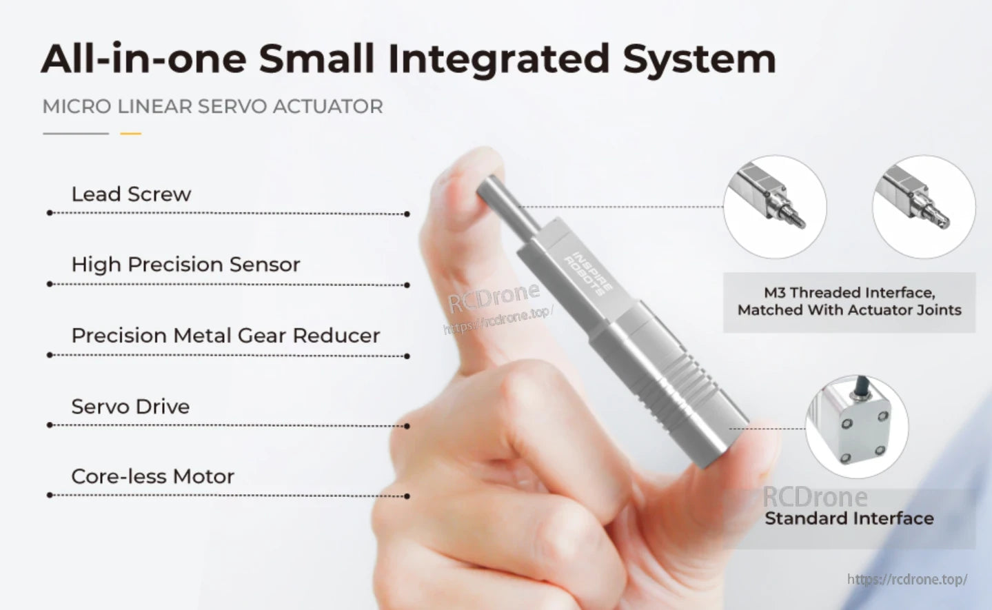 LA30 Micro Servo Actuator, Compact micro linear servo actuator with high precision, metal gears, M3 interface, and standard connector.