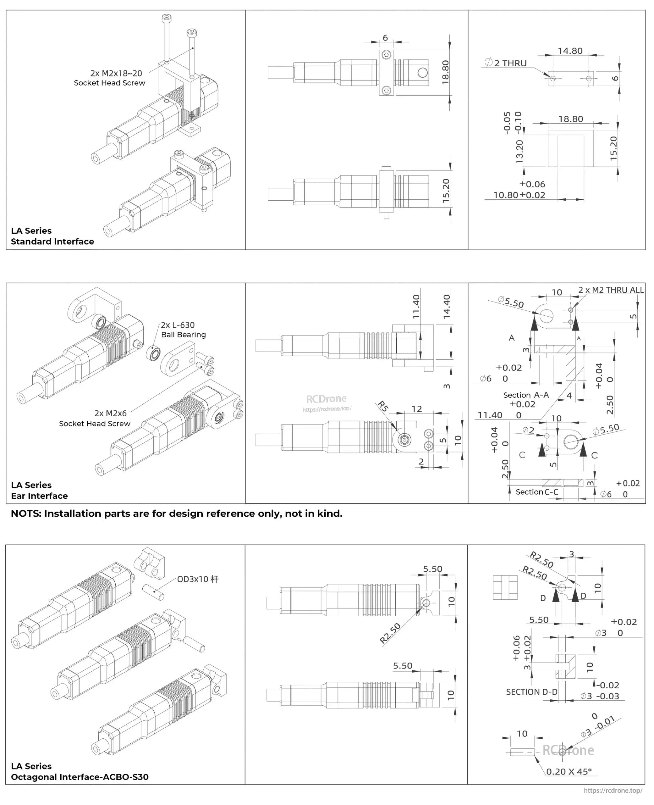 LA30 Micro Servo Actuator, Micro servo actuators with various interfaces, socket head screws, ball bearings, and mounting specs. Includes dimensions and installation details for design purposes. (25 words)