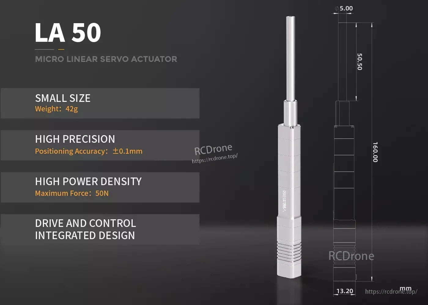 The LA50 micro linear servo actuator is compact (42g), precise (±0.1mm), powerful (50N), and features integrated drive and control in a 160mm x 13.2mm design.