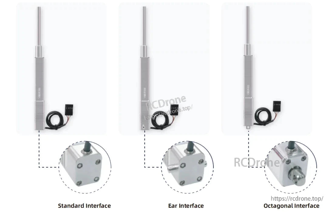 The LA50 Micro Linear Servo offers three interface types: Standard, Ear, and Octagonal.