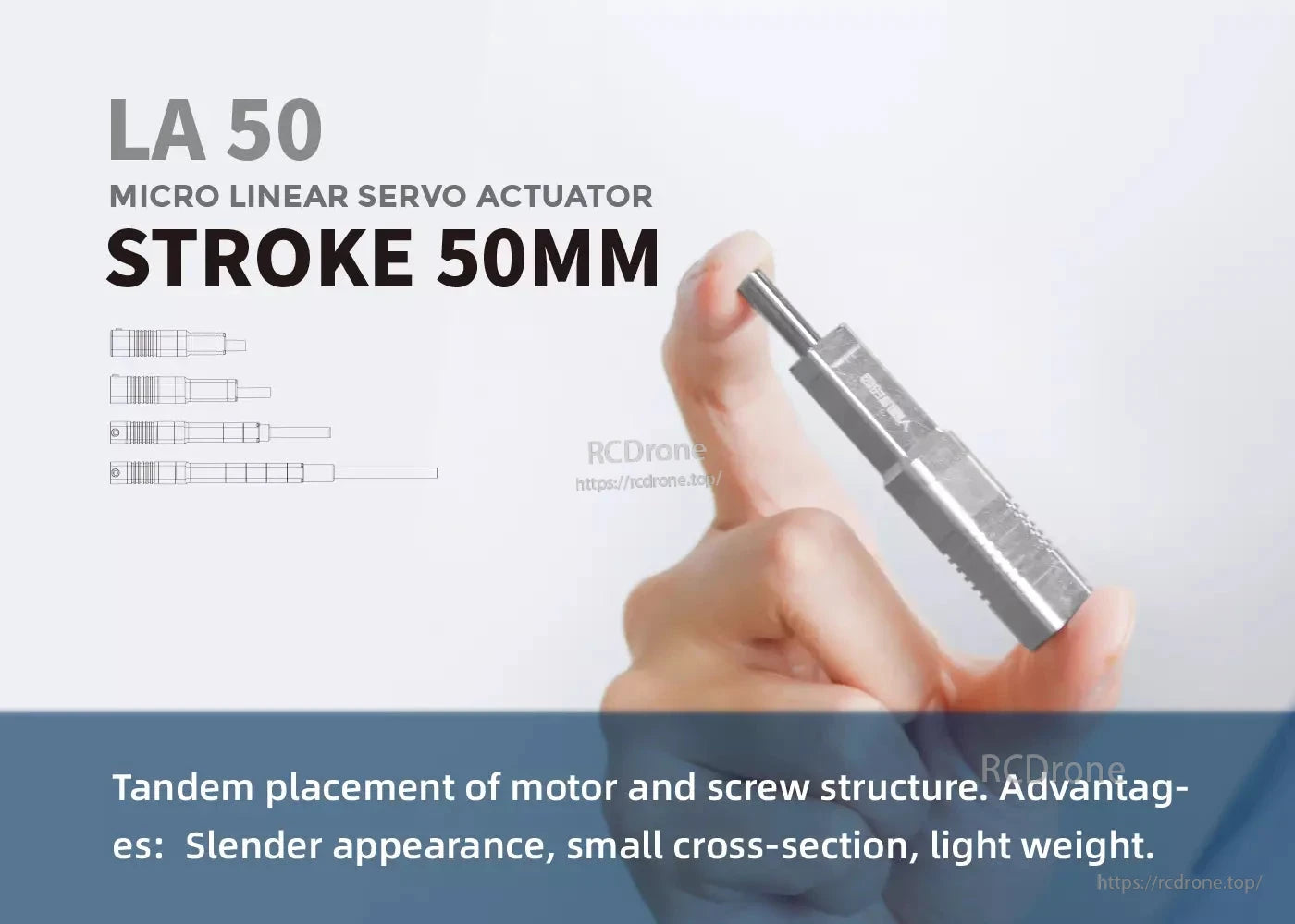 LA50 Micro Linear Servo, The LA50 is a compact, lightweight micro linear servo with a 50mm stroke, featuring a tandem motor and screw design.
