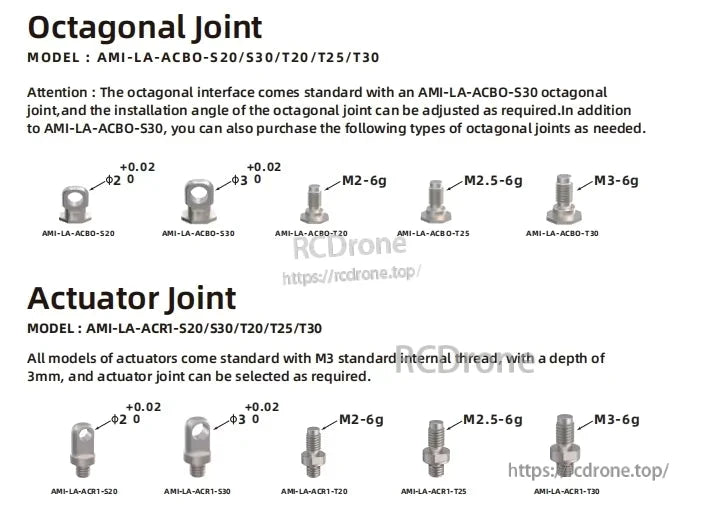 Octagonal and actuator joints for LA50 Micro Linear Servo feature multiple thread sizes, M3 internal thread, 3mm depth, and adjustable angles.