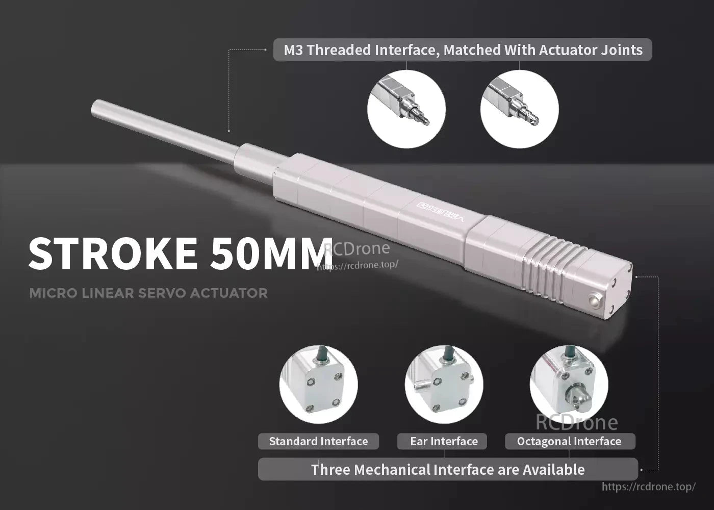 LA50 Micro Linear Servo, A 50mm stroke micro linear servo actuator featuring an M3 threaded interface and three mechanical configurations.