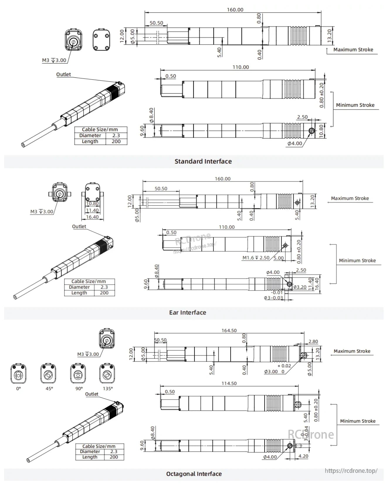 LA50 Micro Linear Servo, The Micro Linear Servo LA50 features multiple interfaces, adjustable stroke lengths, various thread sizes, and customizable outlet positions.