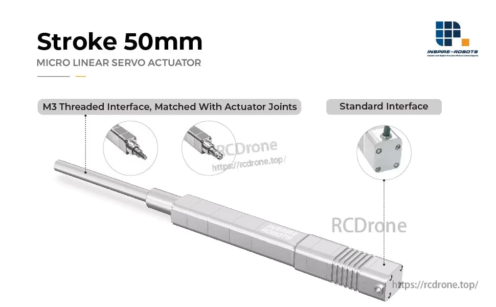 LA50 Micro Linear Servo, 50mm stroke micro linear servo actuator with M3 threaded and standard interfaces.