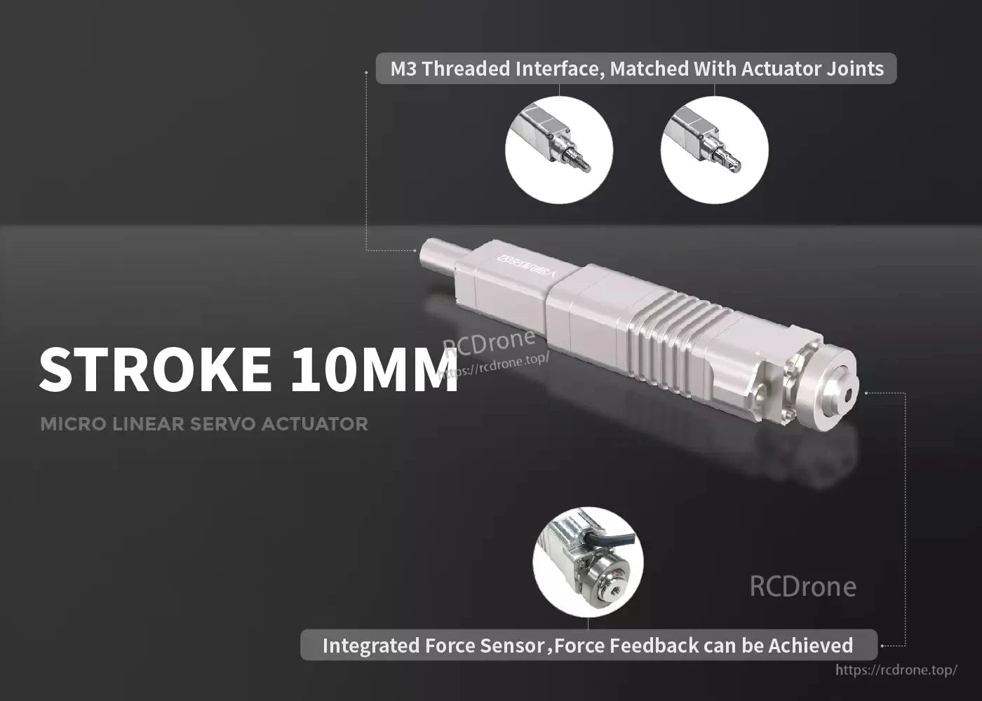 LAF10 Micro Linear Servo, A 10mm stroke micro linear servo with M3 thread and built-in force sensor for feedback.